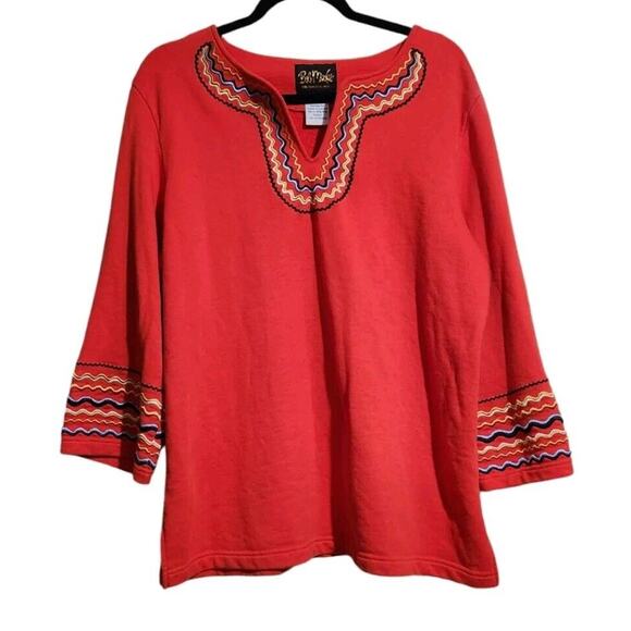 BOB MACKIE Sweatshirt Top Woman's XL Orange Colorful Knit Wearable Art Abstract - Picture 1 of 9